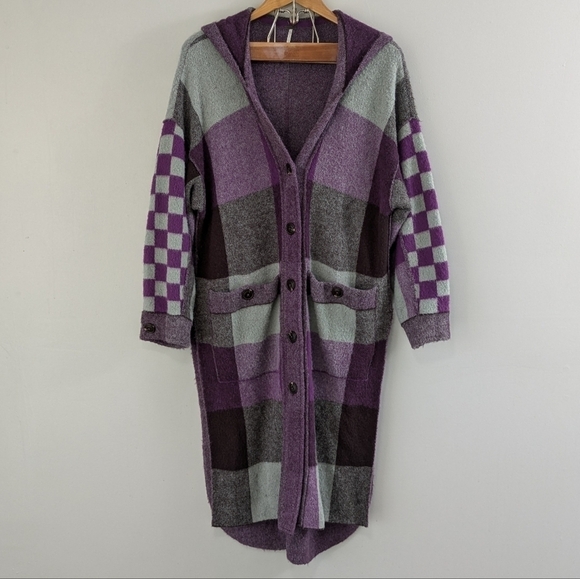 Free People Sweater Women's XS Purple Plaid South Bend Cardigan Duster Hood  - Picture 1 of 9